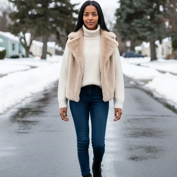 The Impeccable Pig Open Front Cream Faux Fur Vest Ultra Soft Women's S - Picture 5 of 15